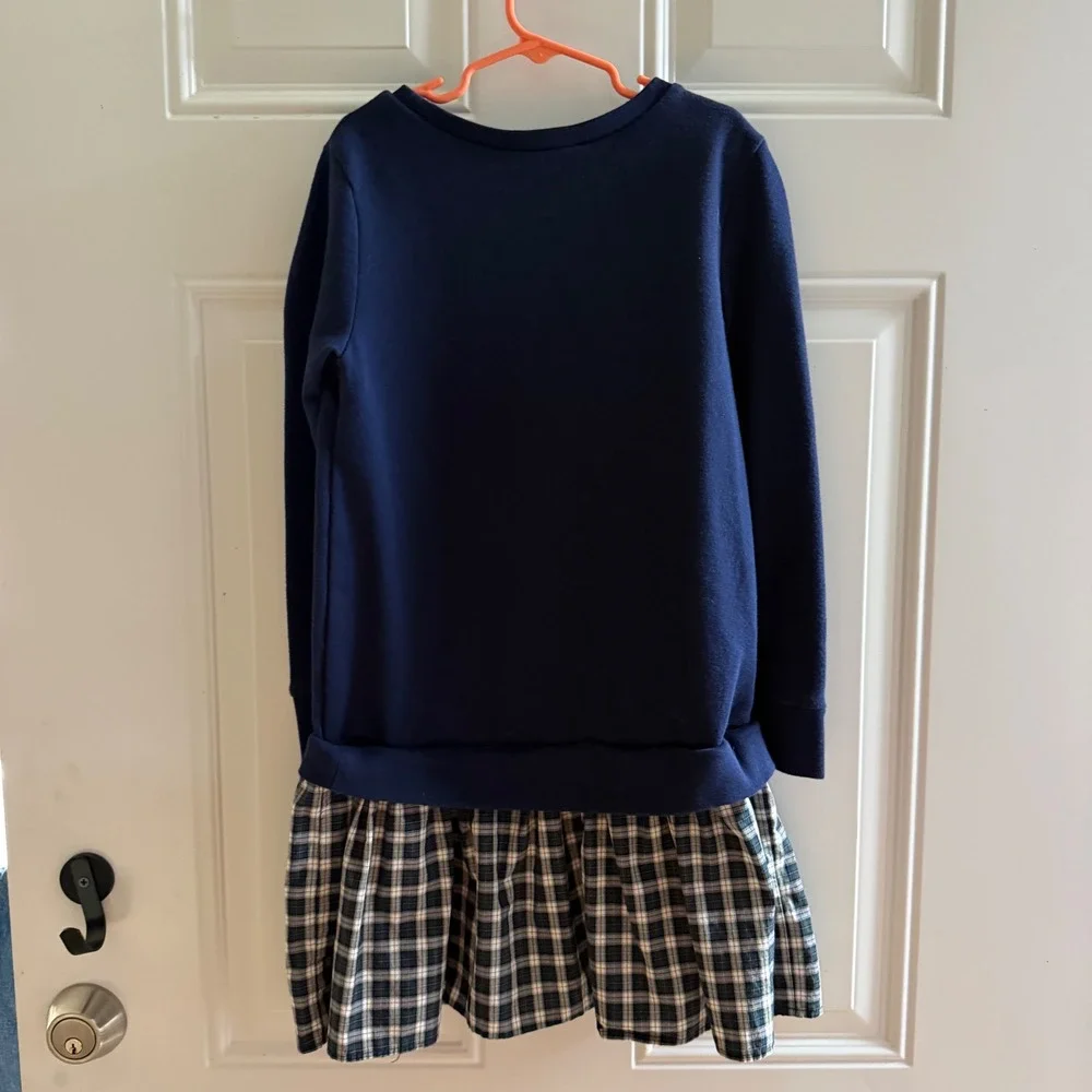 Polo Ralph Lauren Girls Navy Blue Sweatshirt Plaid Skirt Dress Size M 8-10